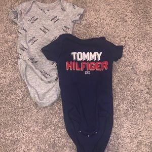 Two Tommy Hilfiger onesies one grey and one blue (with other colors)